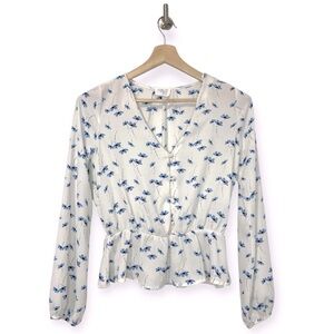 Sienna Sky Blue White Floral Long Sleeve button Up V Neck Blouse Size Small S